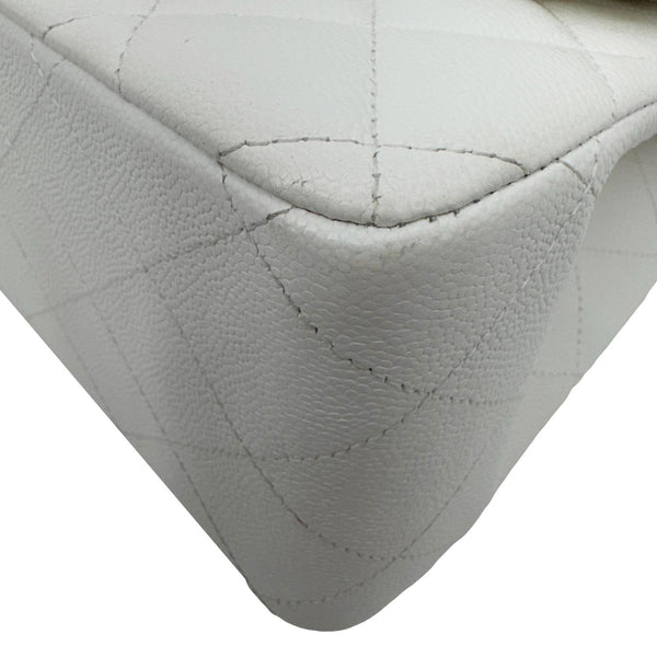 CHANEL Classic Double Flap Quilted Caviar Leather Shoulder Bag White