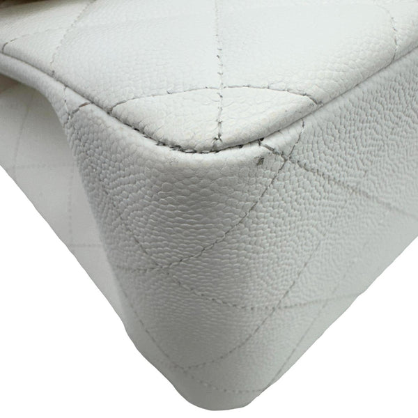 CHANEL Classic Double Flap Quilted Caviar Leather Shoulder Bag White