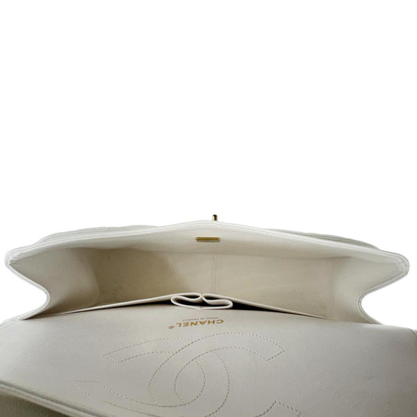 CHANEL Classic Double Flap Quilted Caviar Leather Shoulder Bag White