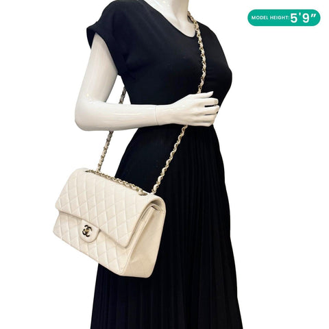 Chanel Classic Double Flap White Quilted Caviar Leather Shoulder Bag - Model Carrying