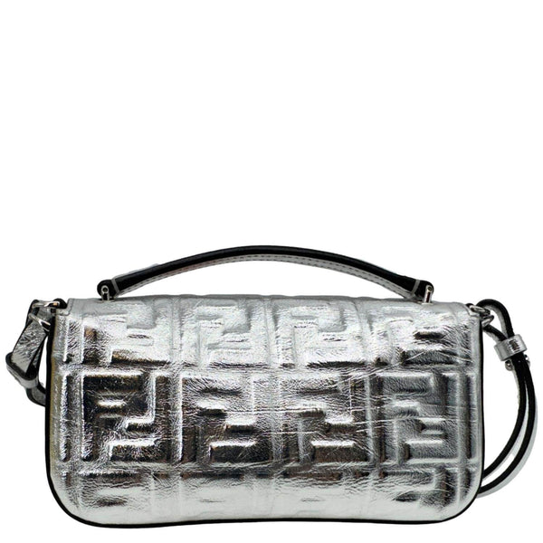 FENDI Baguette Zucca Embossed Leather Crossbody Bag Metallic Silver