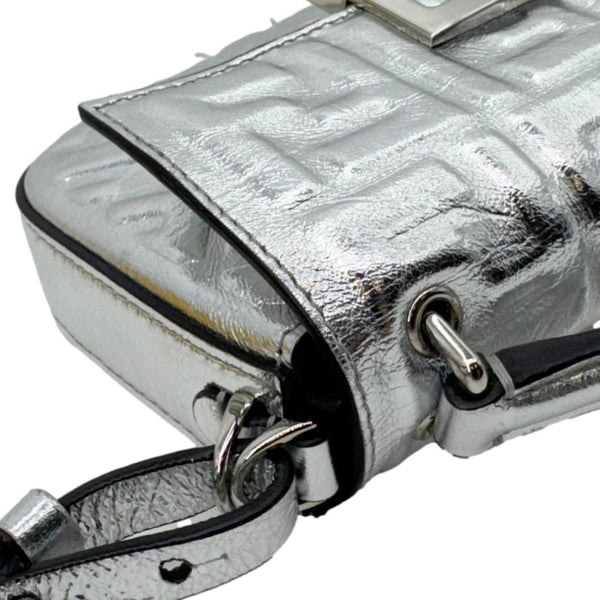 FENDI Baguette Zucca Embossed Leather Crossbody Bag Metallic Silver