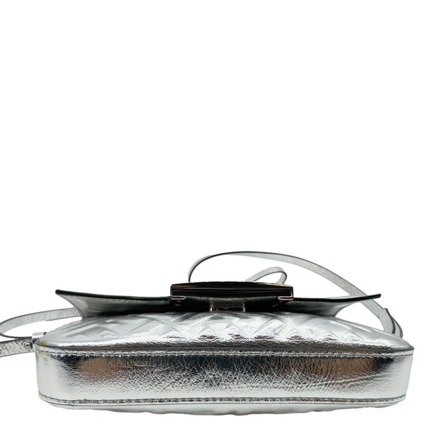 FENDI Baguette Zucca Embossed Leather Crossbody Bag Metallic Silver