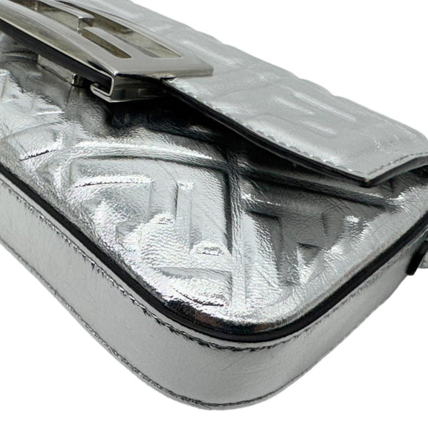 FENDI Baguette Zucca Embossed Leather Crossbody Bag Metallic Silver