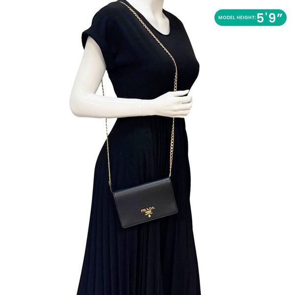PRADA Saffiano Lux Chain Crossbody Bag Black