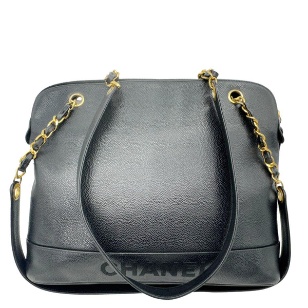 CHANEL Vintage Logo Large Caviar Leather Chain Tote Shoulder Bag Black