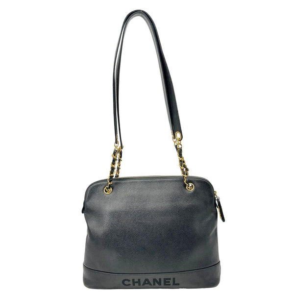 CHANEL Vintage Logo Large Caviar Leather Chain Tote Shoulder Bag Black