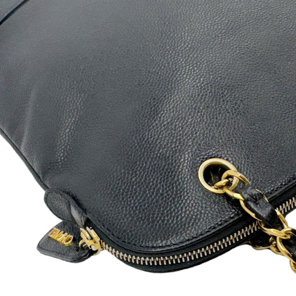CHANEL Vintage Logo Large Caviar Leather Chain Tote Shoulder Bag Black