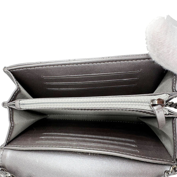 CHANEL Pearl My Shoulder Mini Lambskin Quilted Leather Wallet Silver