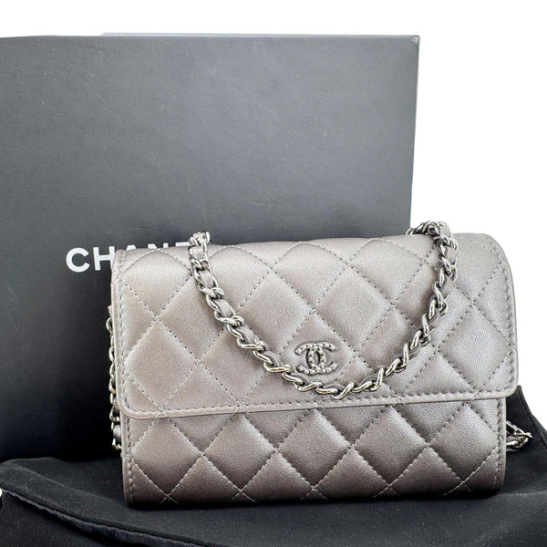 CHANEL Pearl My Shoulder Mini Lambskin Quilted Leather Wallet Silver