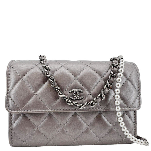 CHANEL Pearl My Shoulder Mini Lambskin Quilted Leather Wallet Silver