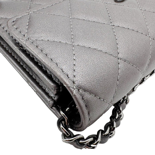 CHANEL Pearl My Shoulder Mini Lambskin Quilted Leather Wallet Silver