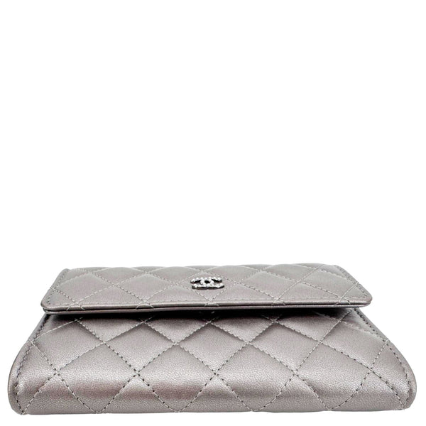 CHANEL Pearl My Shoulder Mini Lambskin Quilted Leather Wallet Silver