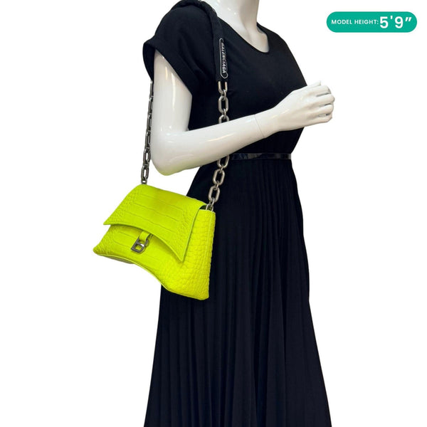 BALENCIAGA Downtown Small Calfskin Leather Chain Shoulder Bag Neon Yellow
