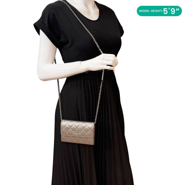 CHANEL Pearl My Shoulder Mini Lambskin Quilted Leather Wallet Silver