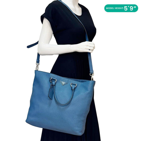 PRADA Vitello Daino Leather Shopping Tote Bag Blue