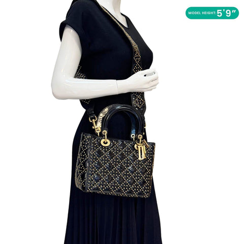 Christian Dior Lady Dior Medium Studded Crossbody Bag Black - Model Wearing
