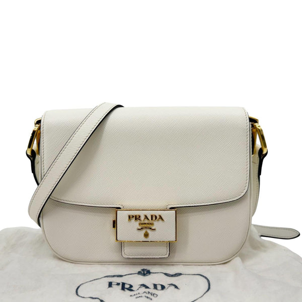 PRADA Embleme Flap Saffiano Lux Leather Shoulder Bag White