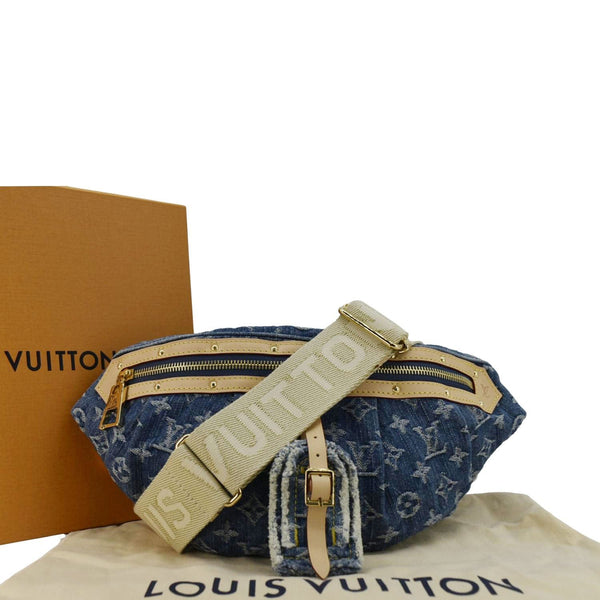 LOUIS VUITTON High Rise Monogram Denim Blue Bumbag front side look
