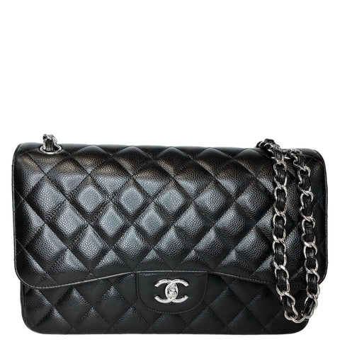 CHANEL Jumbo Double Flap Quilted Caviar Leather Shoulder Bag Black