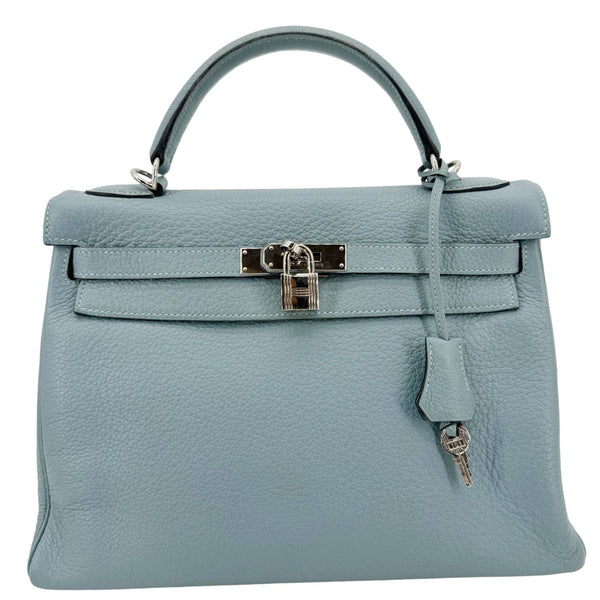 HERMES Kelly 32 Square Taurillon Clemence Leather Tote Shoulder Bag Light Blue