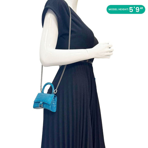 BALENCIAGA Hourglass Crocodile Embossed Top Handle Shoulder Bag Blue