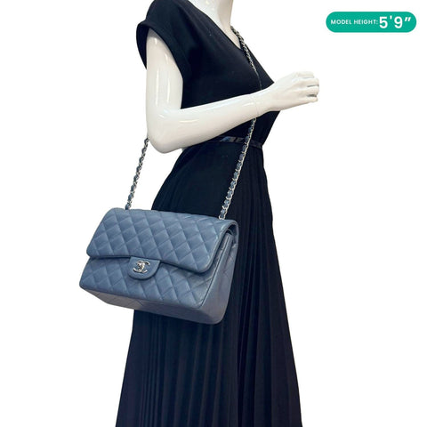 CHANEL Classic Jumbo Double Flap Quilted Caviar Leather Shoulder Bag Blue