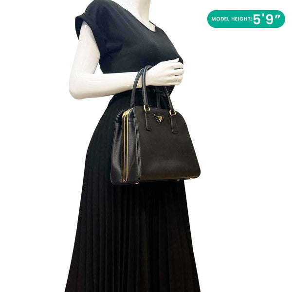 PRADA Frame Saffiano Leather Top Handle Bag Black