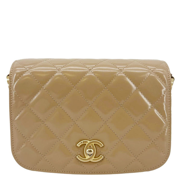 CHANEL My Sweet CC Shiny Quilted Calfskin Leather Shoulder Bag Beige