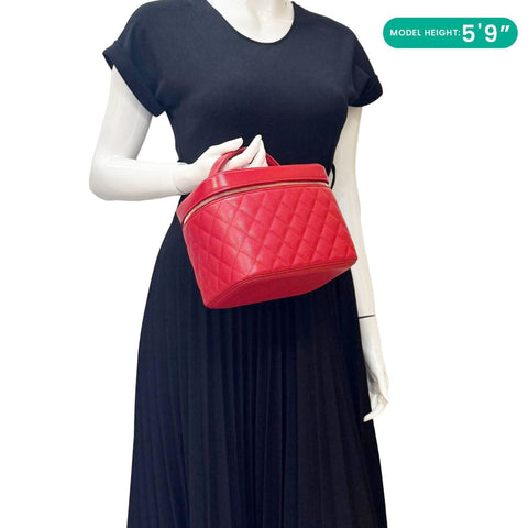 CHANEL Caviar Leather Quilted Large Cosmetic Vanity Pouch Red