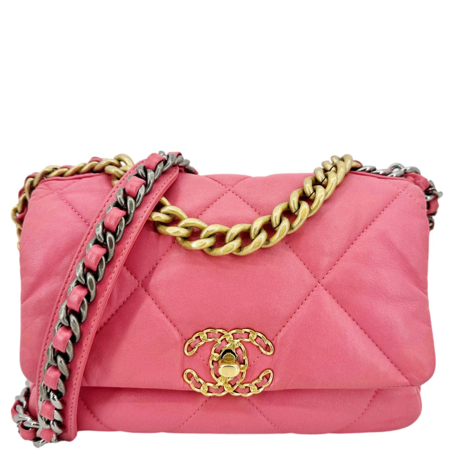 CHANEL 19 Flap Large Quilted Lambskin Leather Shoulder Bag Pink