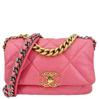 CHANEL 19 Flap Large Quilted Lambskin Leather Shoulder Bag Pink