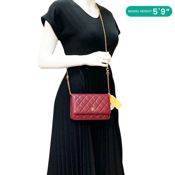Chanel Coco Hearts Burgundy Quilted Leather Wallet On Chain - Model Wearing