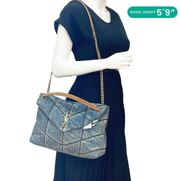 YVES SAINT LAURENT Loulou Puffer Quilted Denim Shoulder Bag Blue