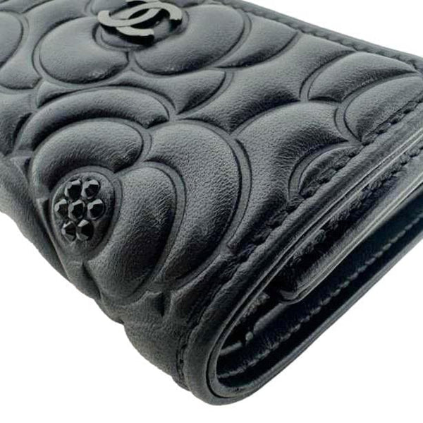 CHANEL Camellia Embossed Lambskin Leather Wallet Black