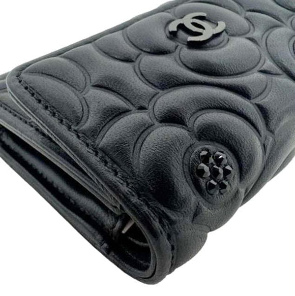 CHANEL Camellia Embossed Lambskin Leather Wallet Black
