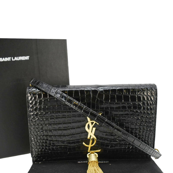YVES SAINT LAURENT Crocodile Embossed Leather Black Crossbody Bag dront side