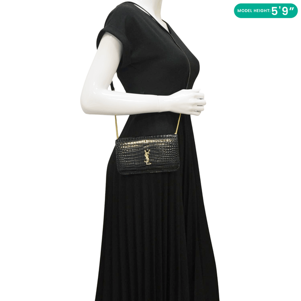 YVES SAINT LAURENT Monogram Crocodile Embossed Leather Phone Holder Black dummy look