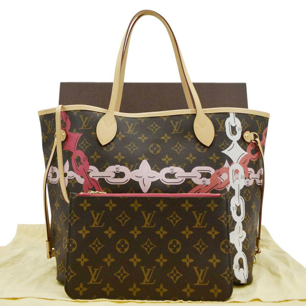 LOUIS VUITTON Neverfull MM Bay Chain Monogram Canvas Tote Bag Fuchsia