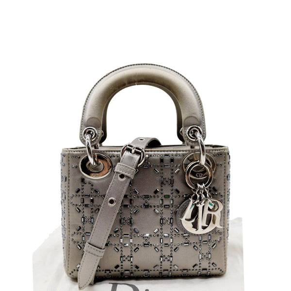 CHRISTIAN DIOR Mini Lady Dior Crystal Embellished Satin Shoulder Bag Gray