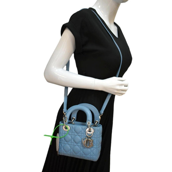 CHRISTIAN DIOR Mini Lady Dior Cannage Lambskin Leather Shoulder Bag Blue