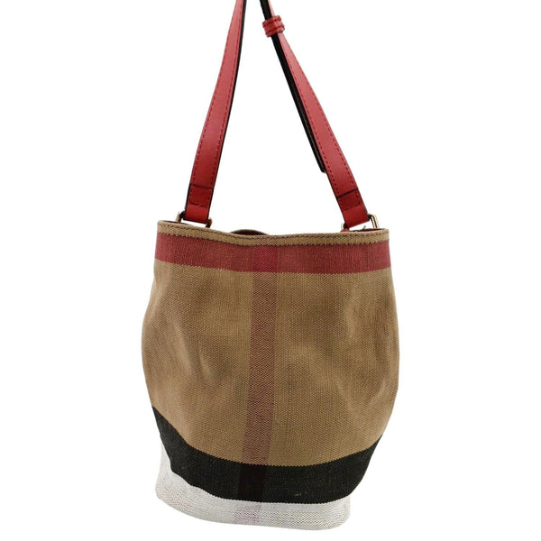 BURBERRY Susanna Check Canvas Bucket Shoulder Bag Red