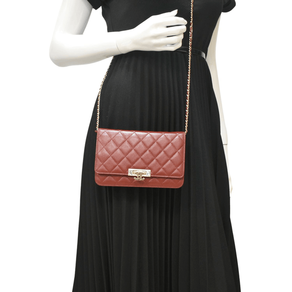 CHANEL Golden Class Quilted Caviar Leather Wallet on Chain Bag Maroon
