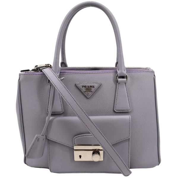 PRADA Front Pocket Double Zip Saffiano Leather Tote Shoulder Bag Light Purple