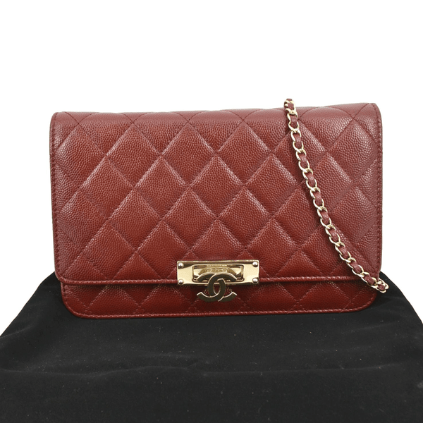 CHANEL Golden Class Quilted Caviar Leather Wallet on Chain Bag Maroon