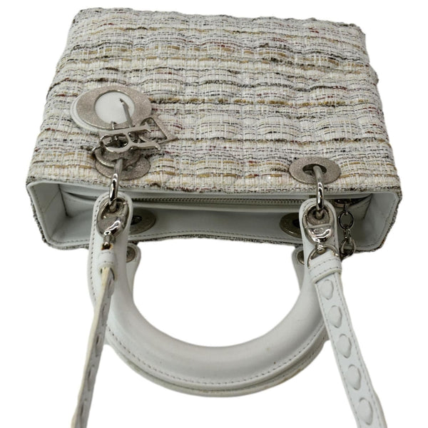 CHRISTIAN DIOR Medium Lady Dior Tweed Leather Shoulder Bag White