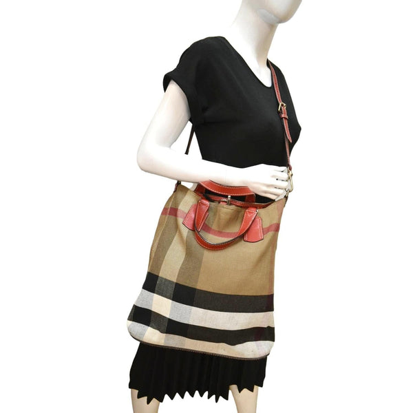 BURBERRY Susanna Medium Check Canvas Bucket Shoulder Bag Brown