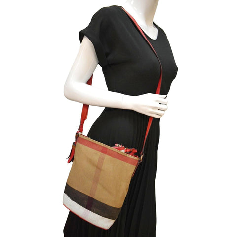 BURBERRY Susanna Check Canvas Bucket Shoulder Bag Red