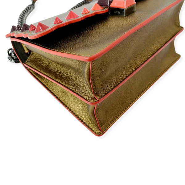FENDI Kan I Small Studded Metallic Leather Chain Shoulder Bag Gold