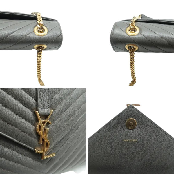 YVES SAINT LAURENT Gray Chevron Large Envelope Leather Bag with chain and logo view